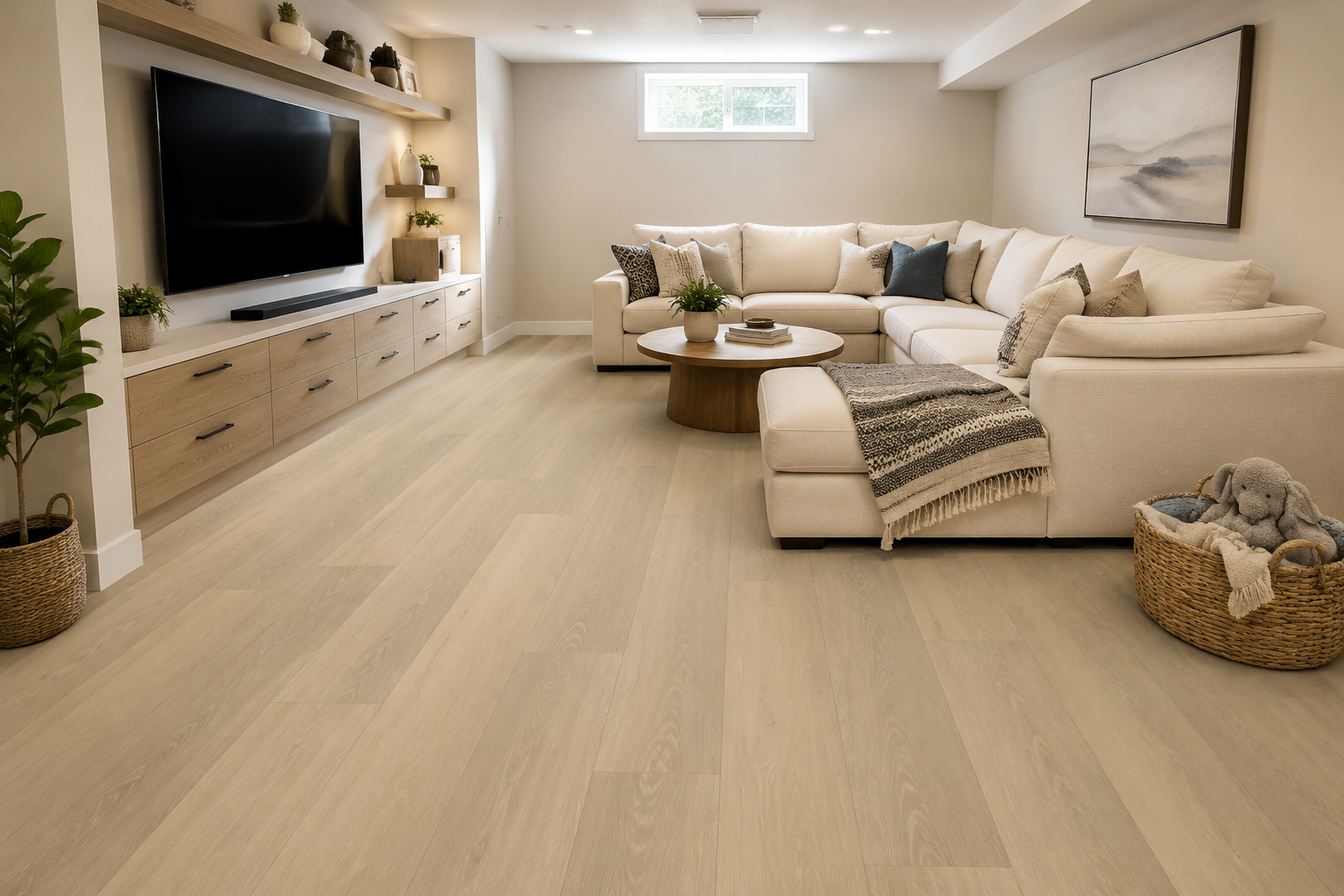 Finished basement family room with light wood-look LVP flooring