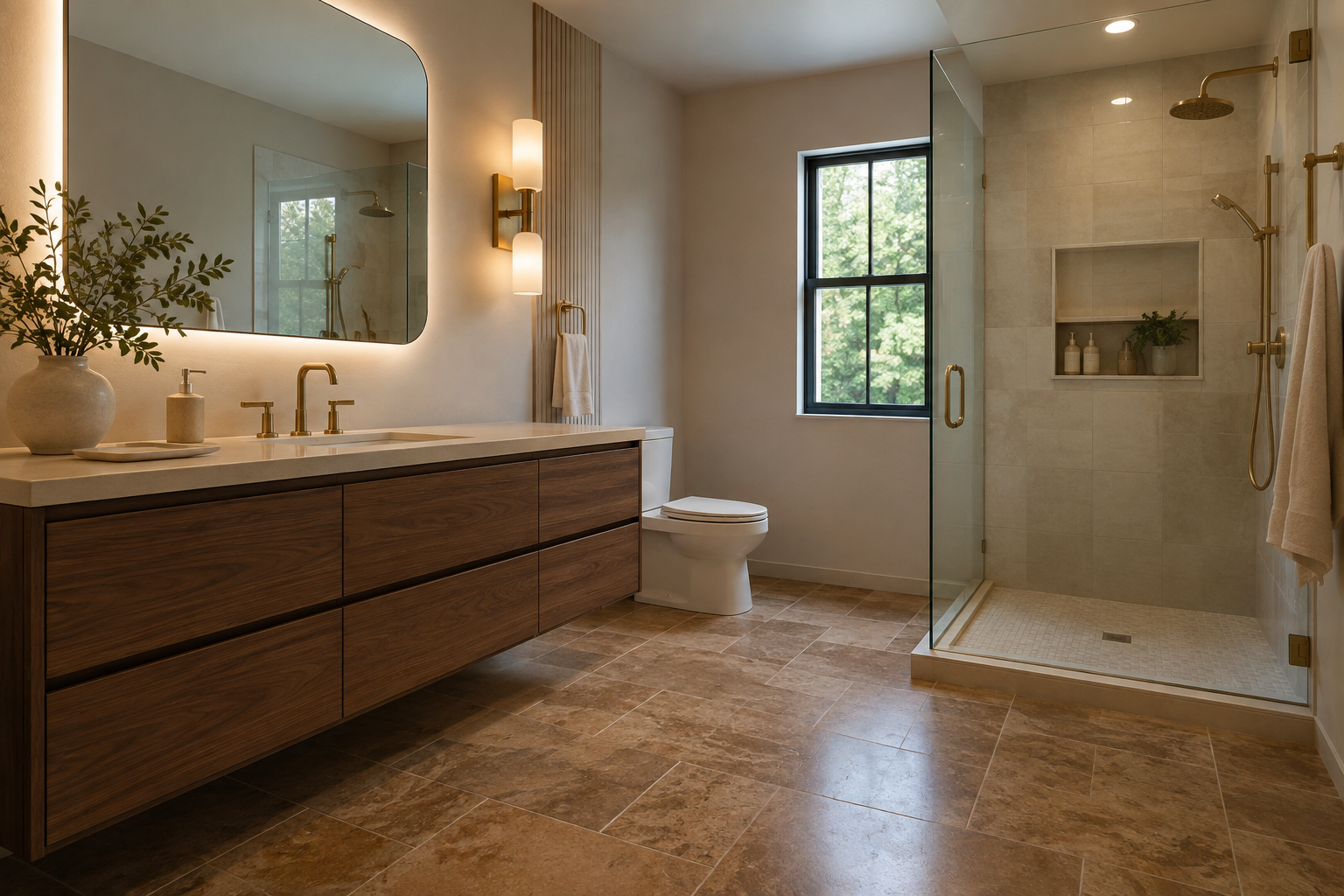 Warm contemporary bathroom with porcelain or ceramic floor tile