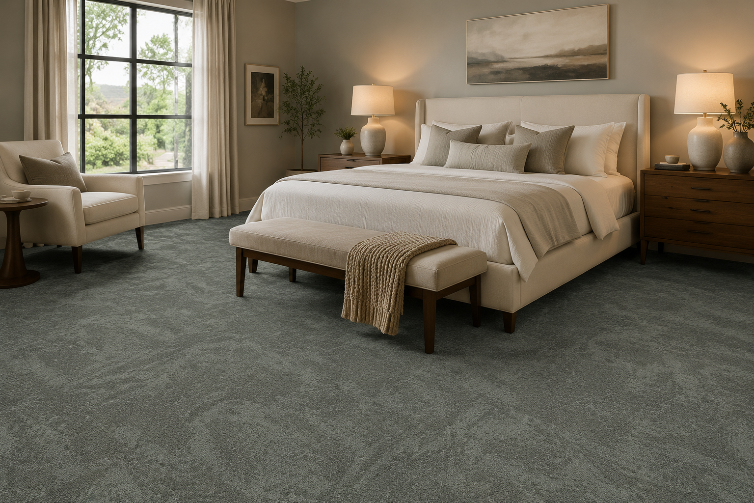 Cozy warm modern bedroom with soft neutral wall-to-wall carpet