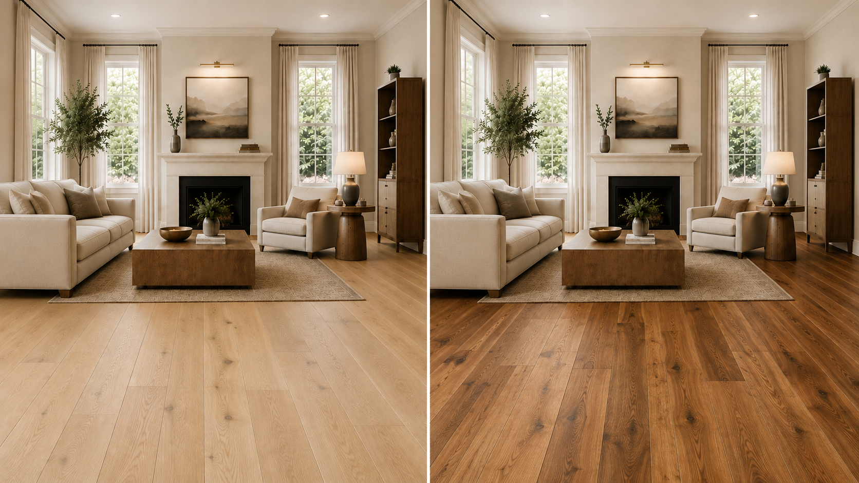 Hardwood samples comparing cleaner consistent grain with bolder knots and natural color variation