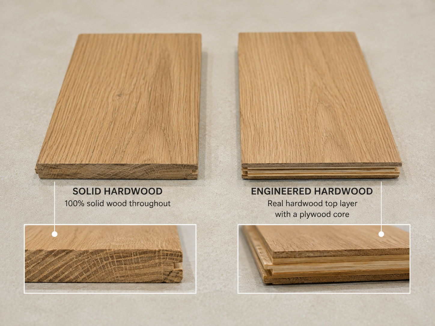 Solid hardwood and engineered hardwood samples shown side by side with their edges visible