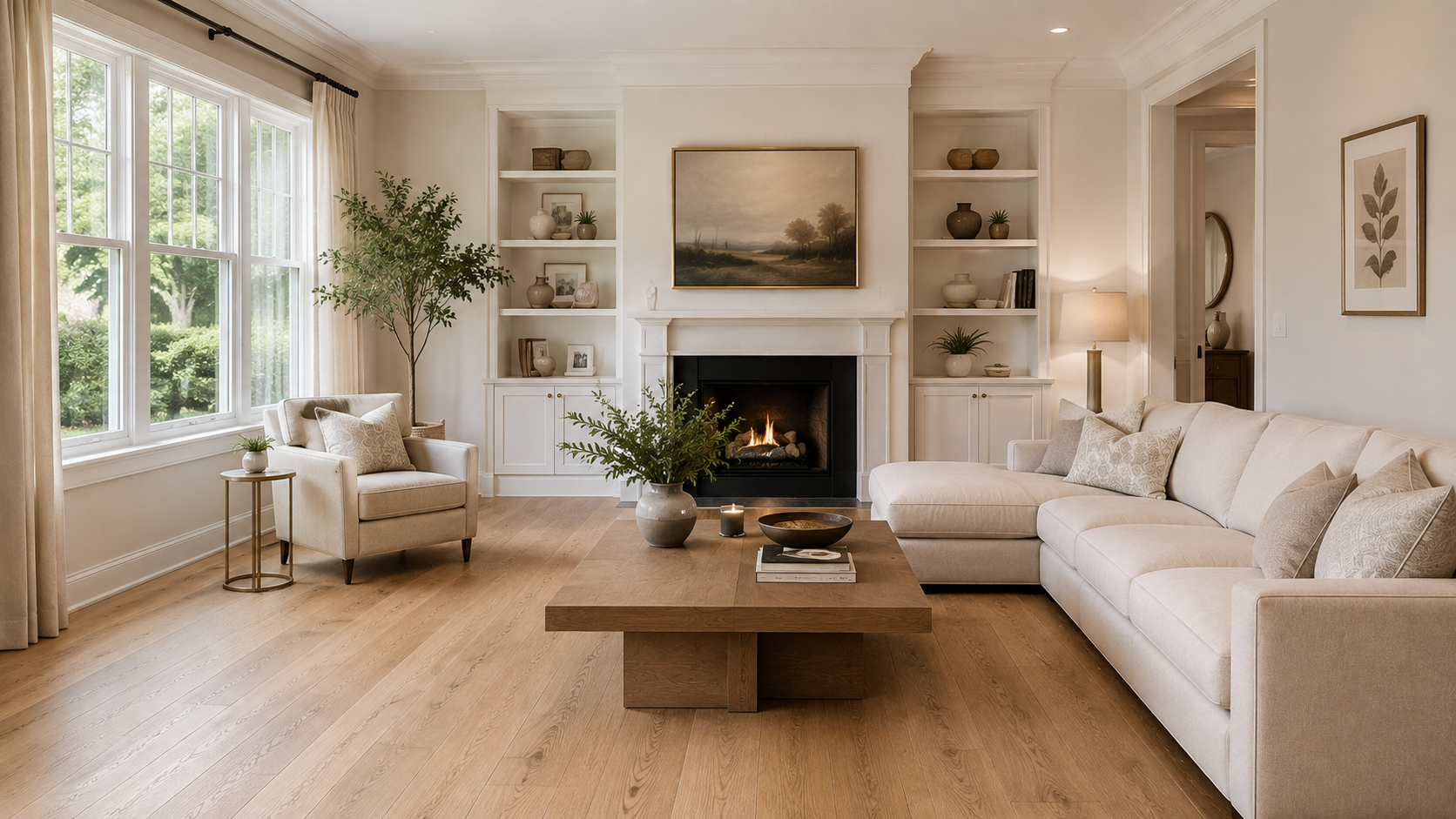 Wide-plank natural oak hardwood flooring in a bright Maryland living room with soft neutral furnishings