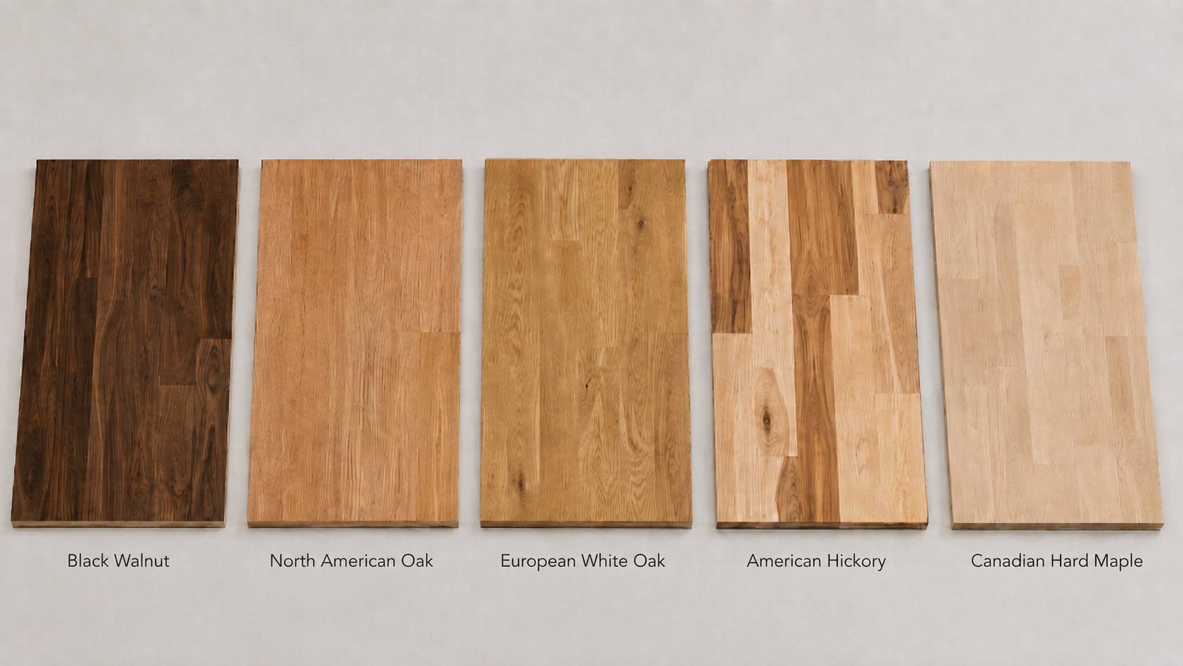Hardwood flooring guide comparison of walnut, oak, hickory and maple sample boards