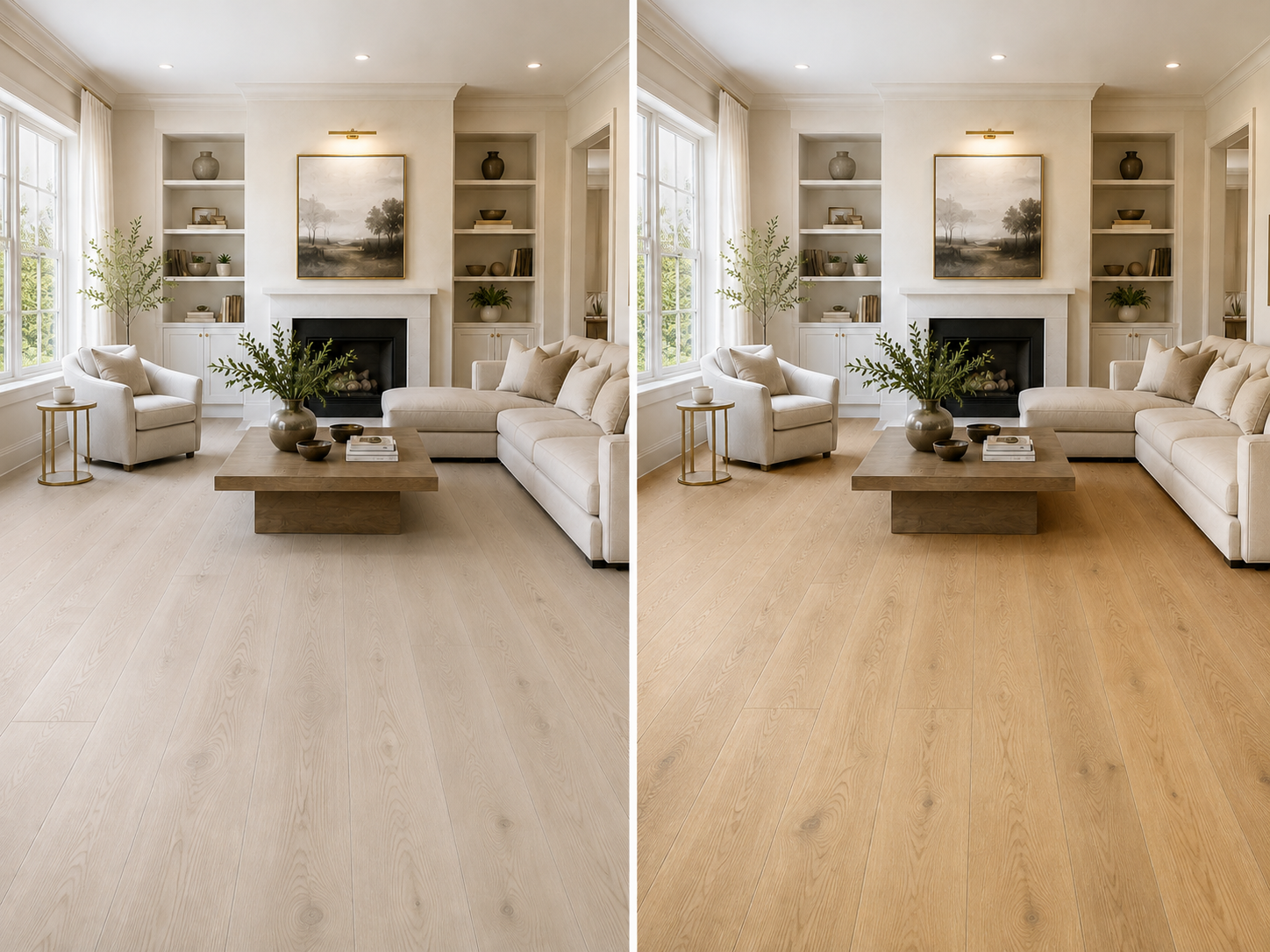 Same living room shown with two natural oak hardwood undertones for palette comparison