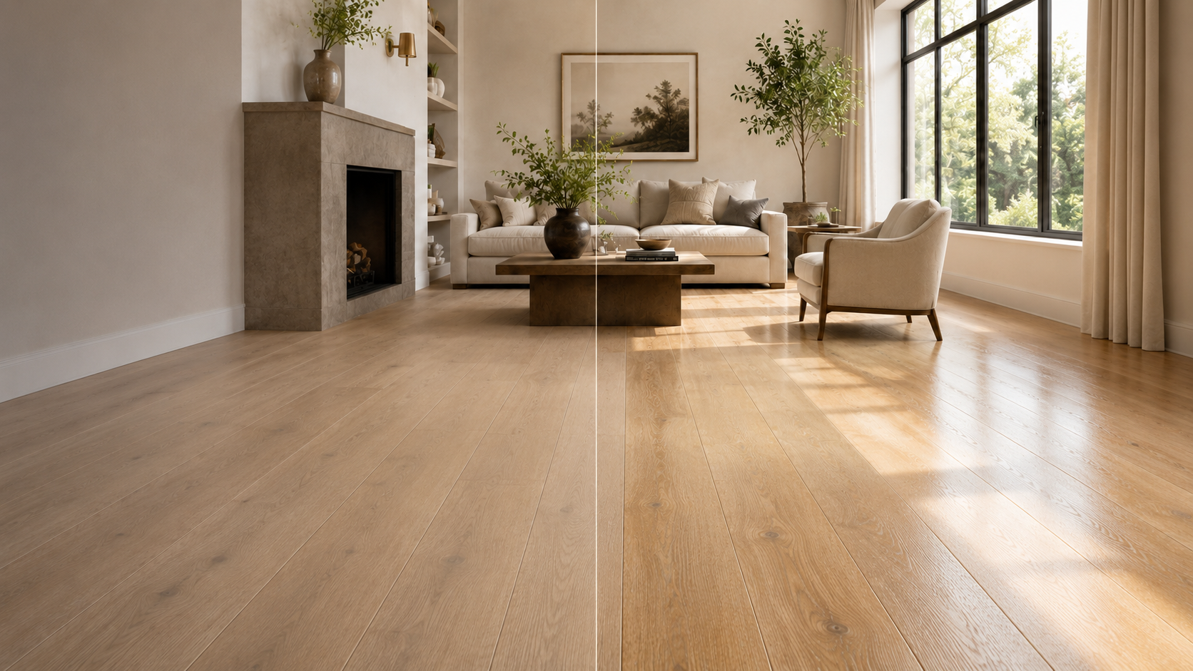 Same sunlit living room comparing lower-sheen matte hardwood with more reflective satin hardwood