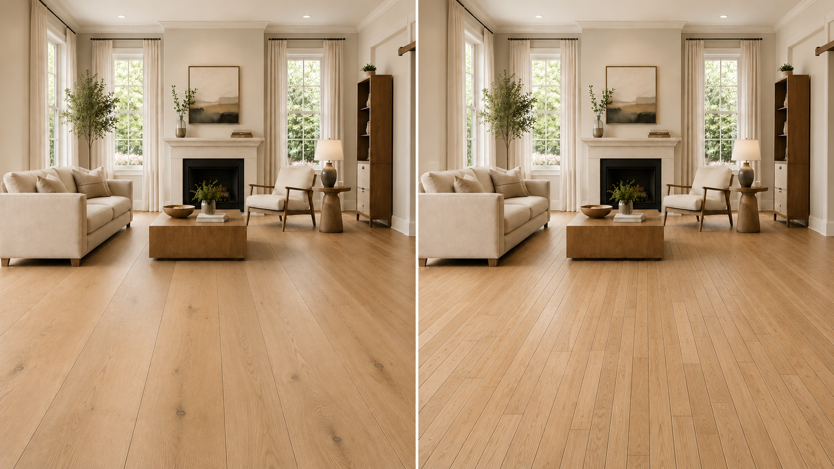 Same living room compared with wide-plank and narrow-plank natural oak hardwood flooring