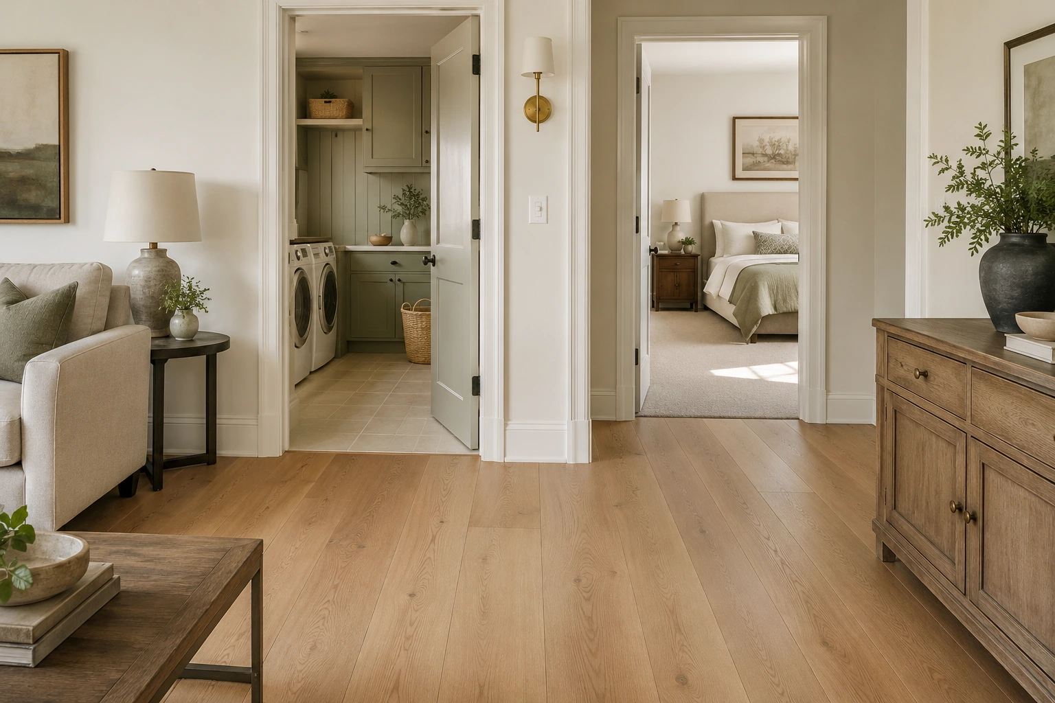 Connected rooms with warm wood flooring and coordinated soft finishes, illustrating a continuous whole-home color story