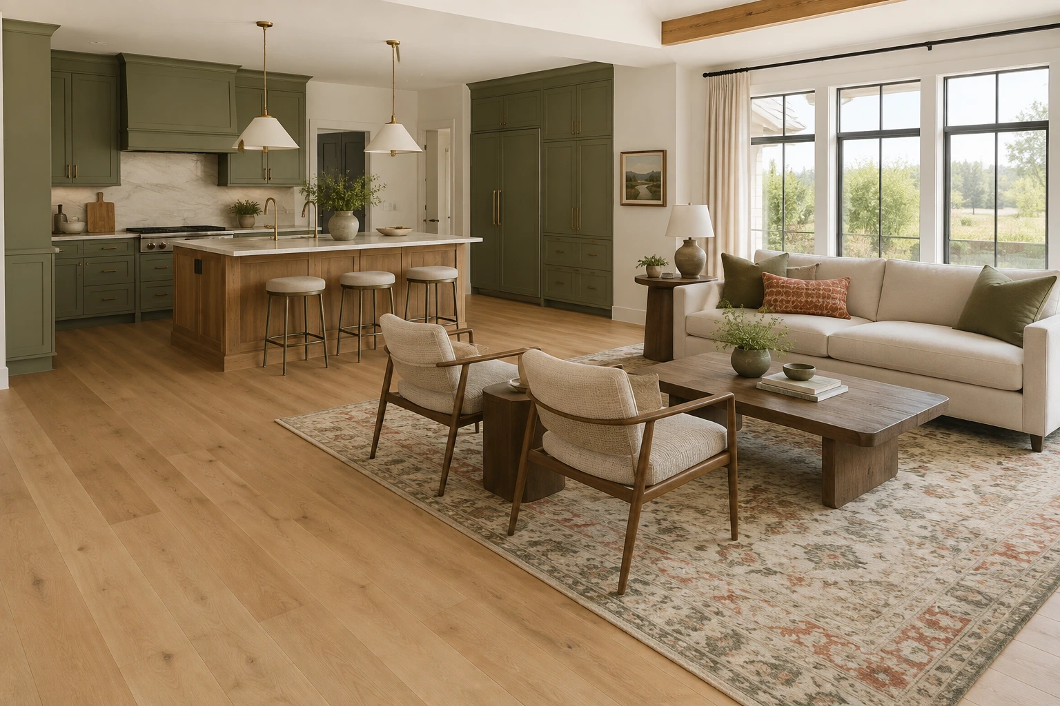 Warm open living and kitchen interior with coordinated wood flooring, green cabinetry and a softly patterned area rug