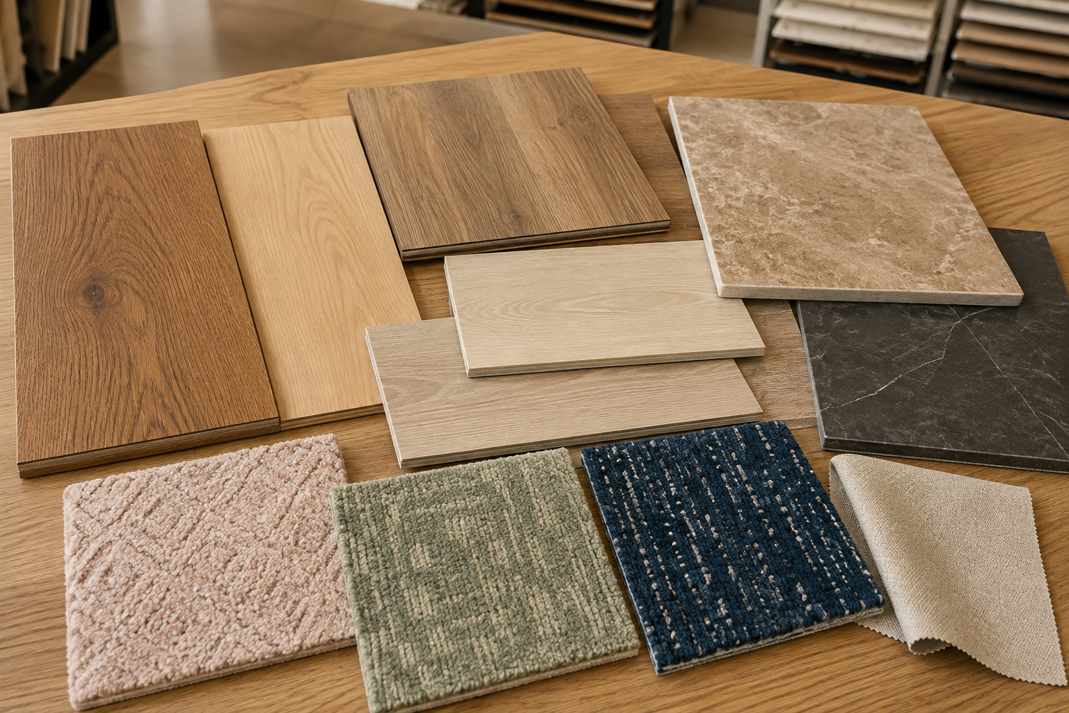 Hardwood, carpet, luxury vinyl plank and tile samples coordinated on a flooring showroom design table