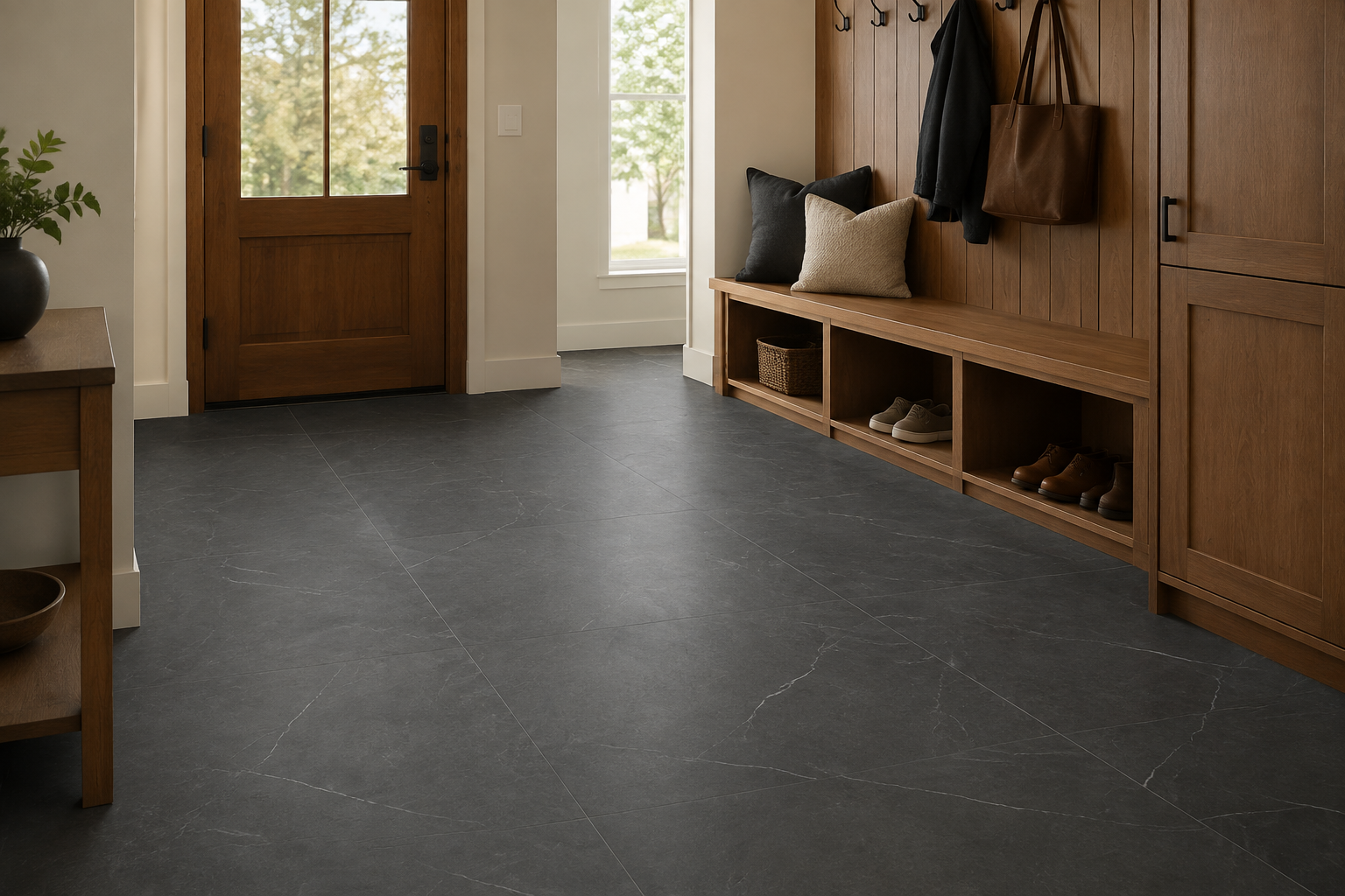 Warm modern entryway and mudroom with dark tile flooring and built-in storage