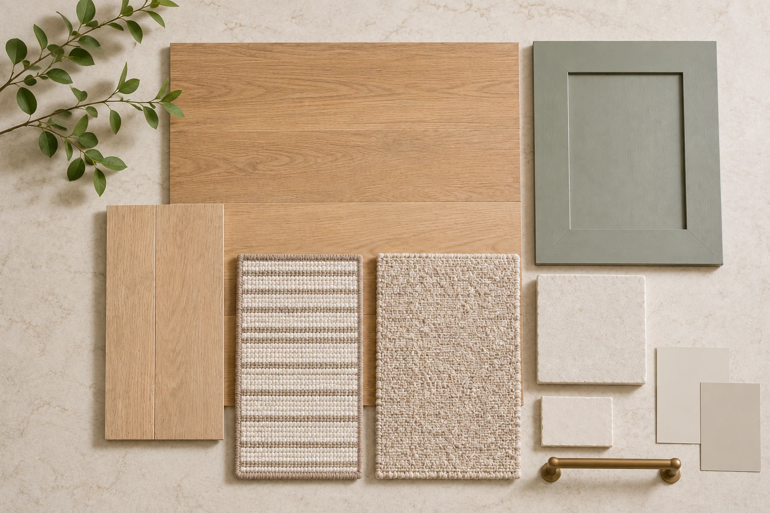 Coordinated flooring, carpet, cabinet, countertop and textile samples arranged as a warm interior design palette