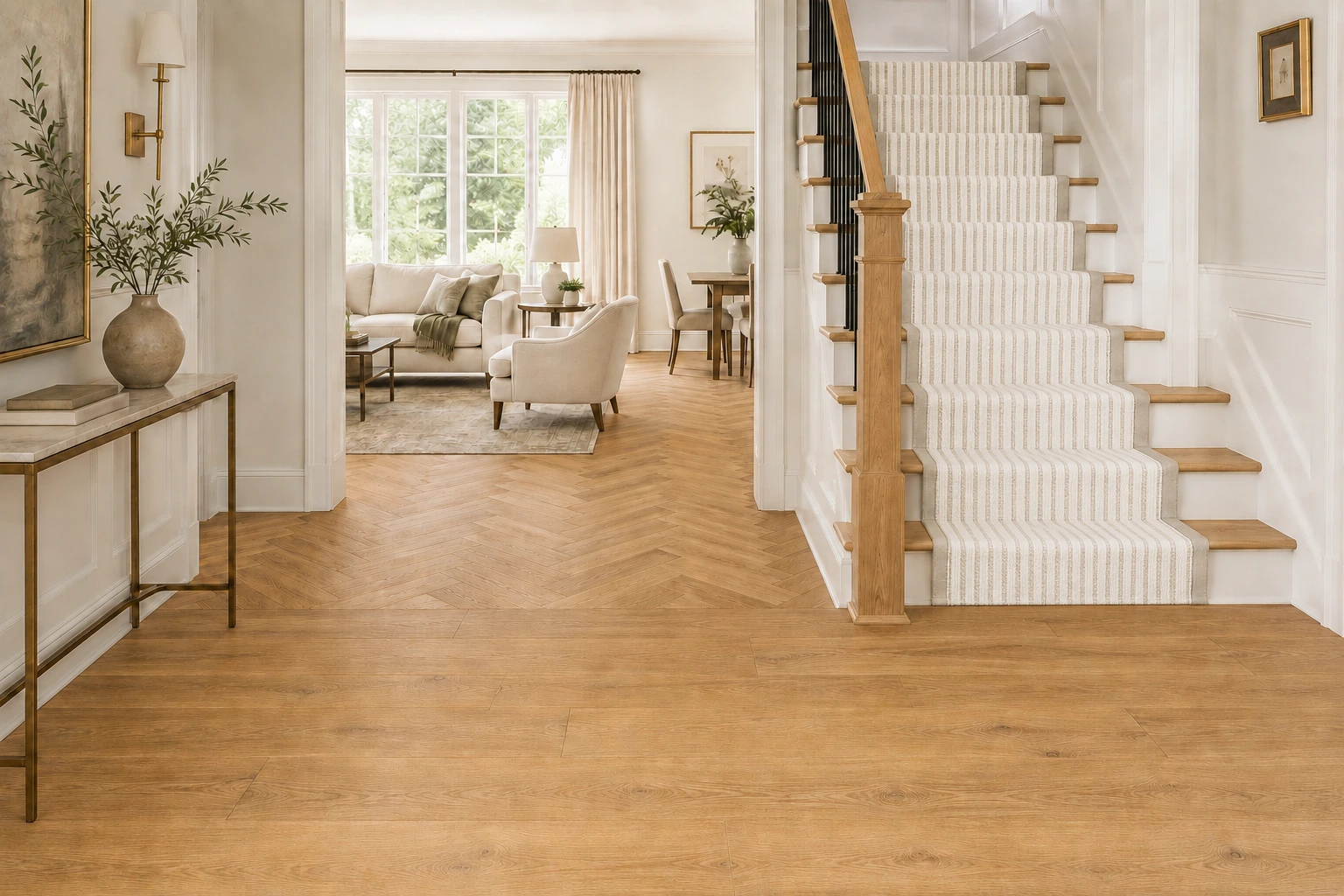 Open interior with hardwood flooring and a tailored stair runner, showing how flooring direction and carpet pattern create visual movement