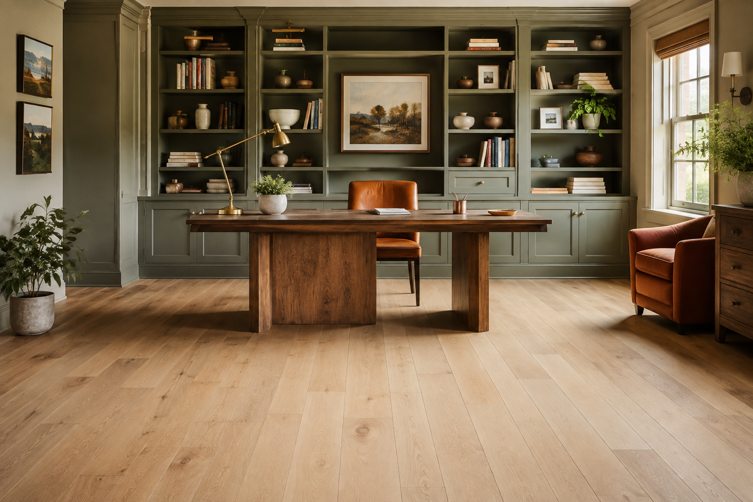 Warm contemporary home office with hardwood flooring and built-in cabinetry
