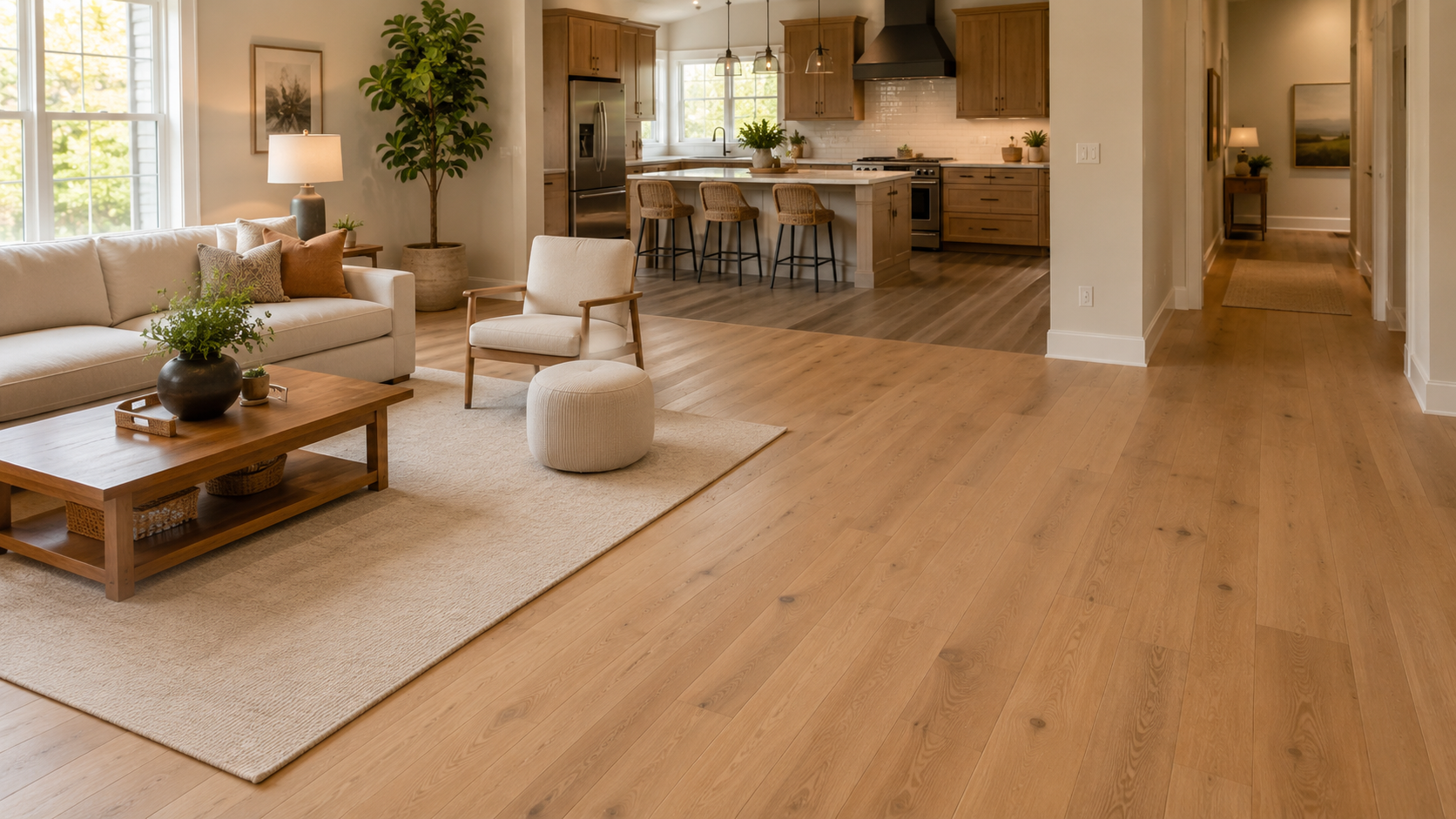 Open-plan warm modern home with hardwood flooring, area rug and coordinated kitchen flooring