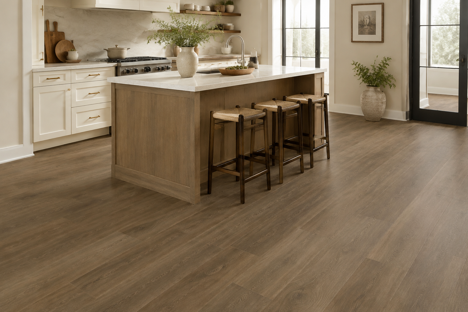Warm modern kitchen with wood-look luxury vinyl plank flooring