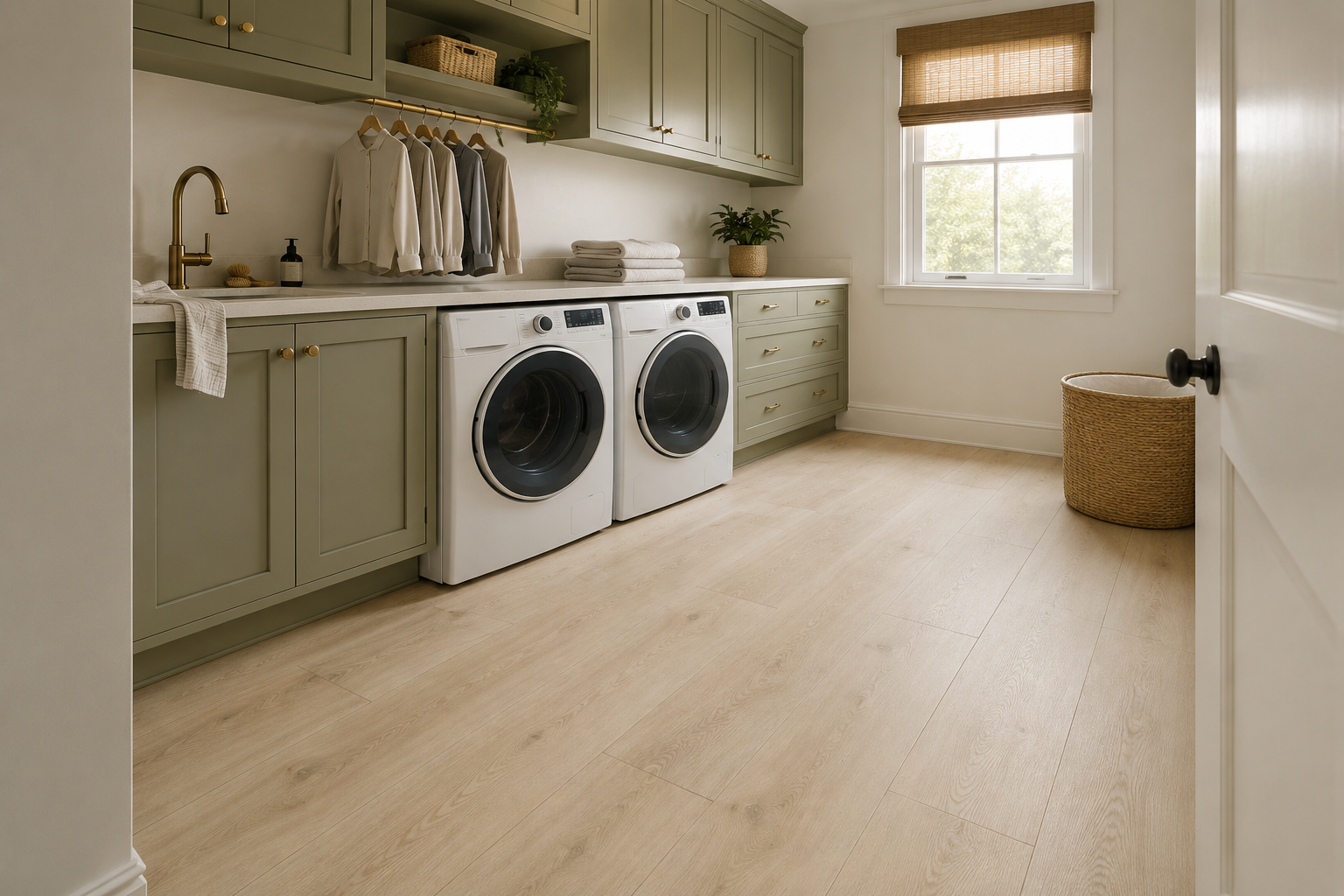 Warm contemporary laundry room with light resilient flooring and sage cabinetry