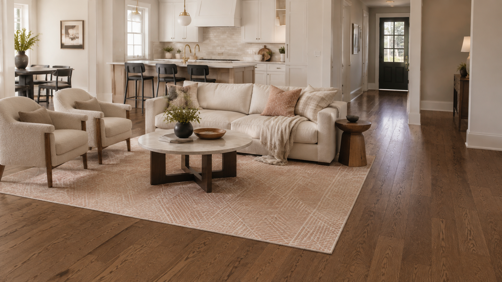 Warm modern living room with hardwood flooring and a large area rug