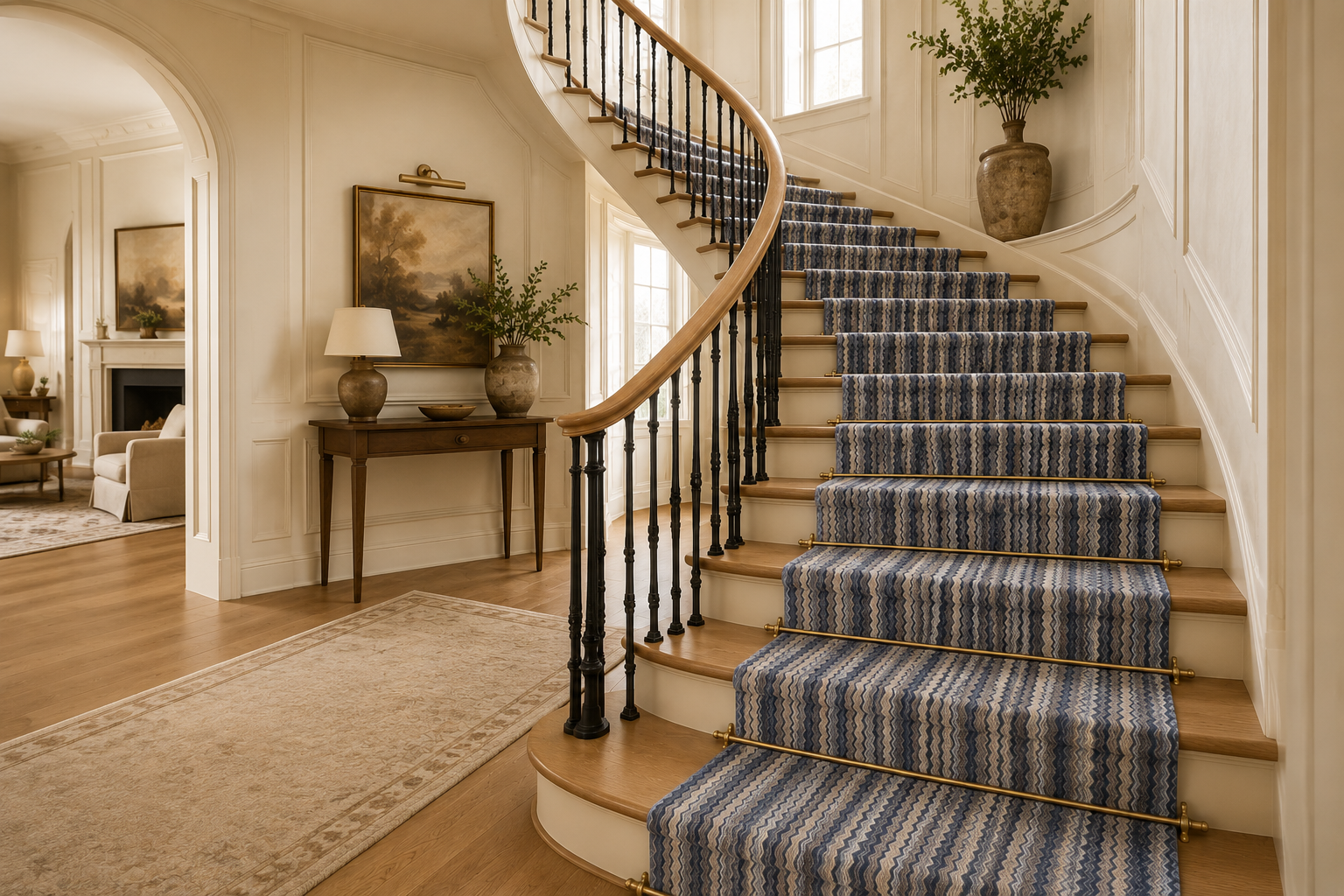 Curved hardwood staircase with a patterned carpet runner