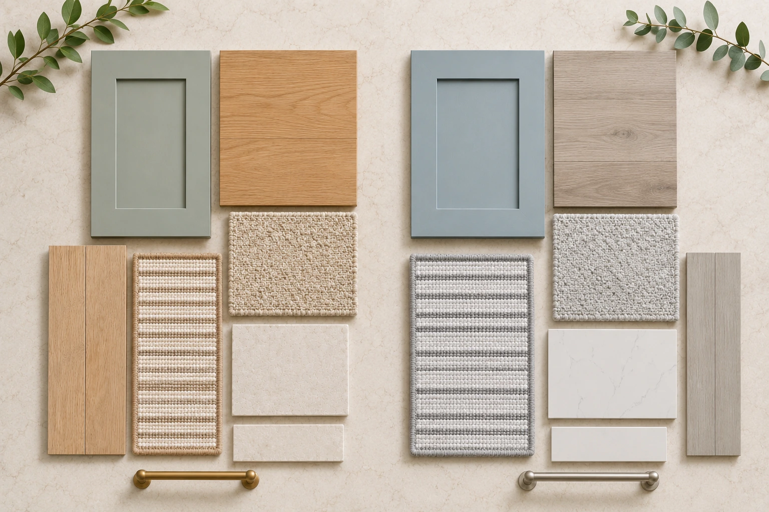Warm and cool flooring, carpet, cabinet and paint samples compared side by side to reveal undertone differences