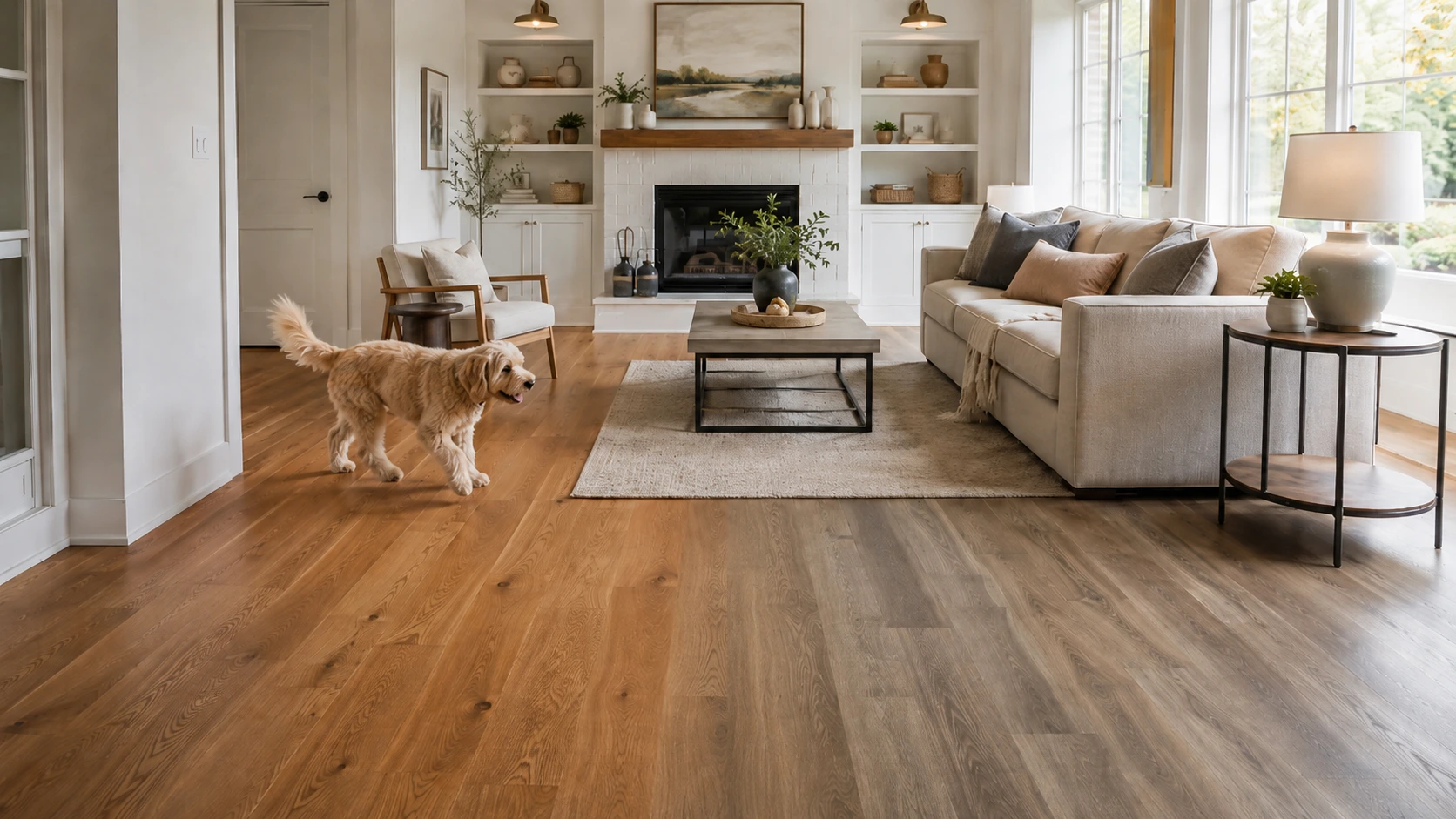 Hardwood vs luxury vinyl plank comparison for a Maryland home with real wood on the main level and premium LVP below