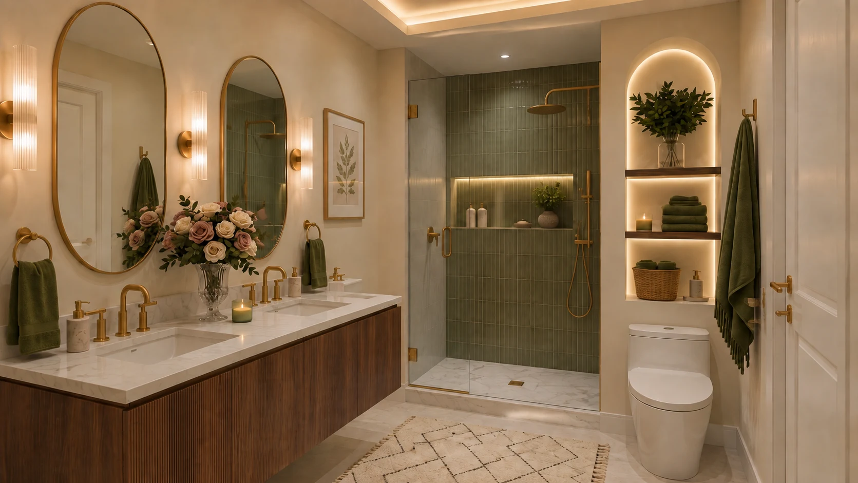 Warm modern bathroom with coordinated porcelain tile, wood vanity, walk-in shower and layered lighting
