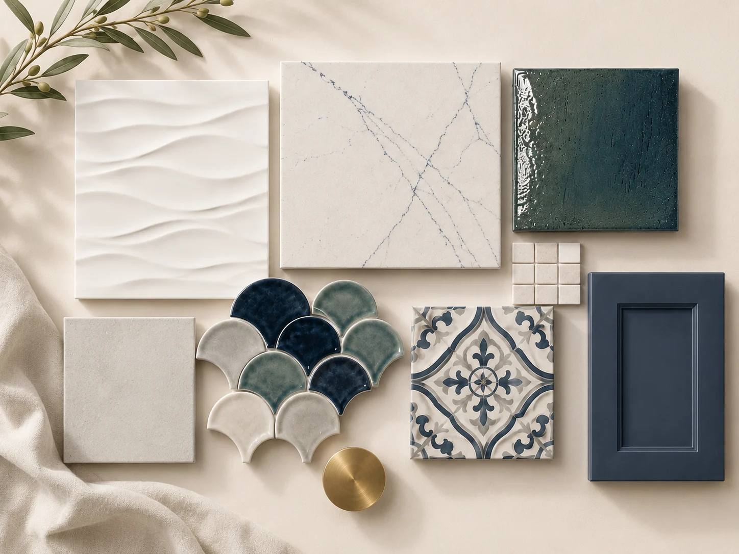 Bathroom material palette with porcelain tile, shower mosaic, cabinet finish, countertop and brushed metal