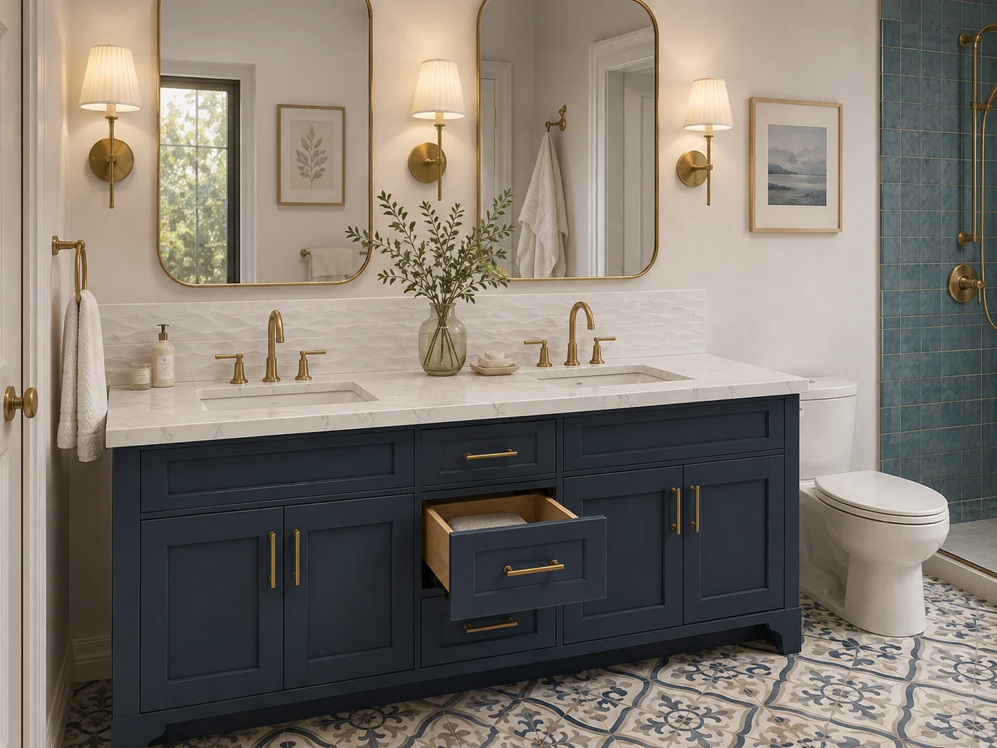 Bathroom vanity with organized storage, veined countertop, backsplash, sink and wall lighting