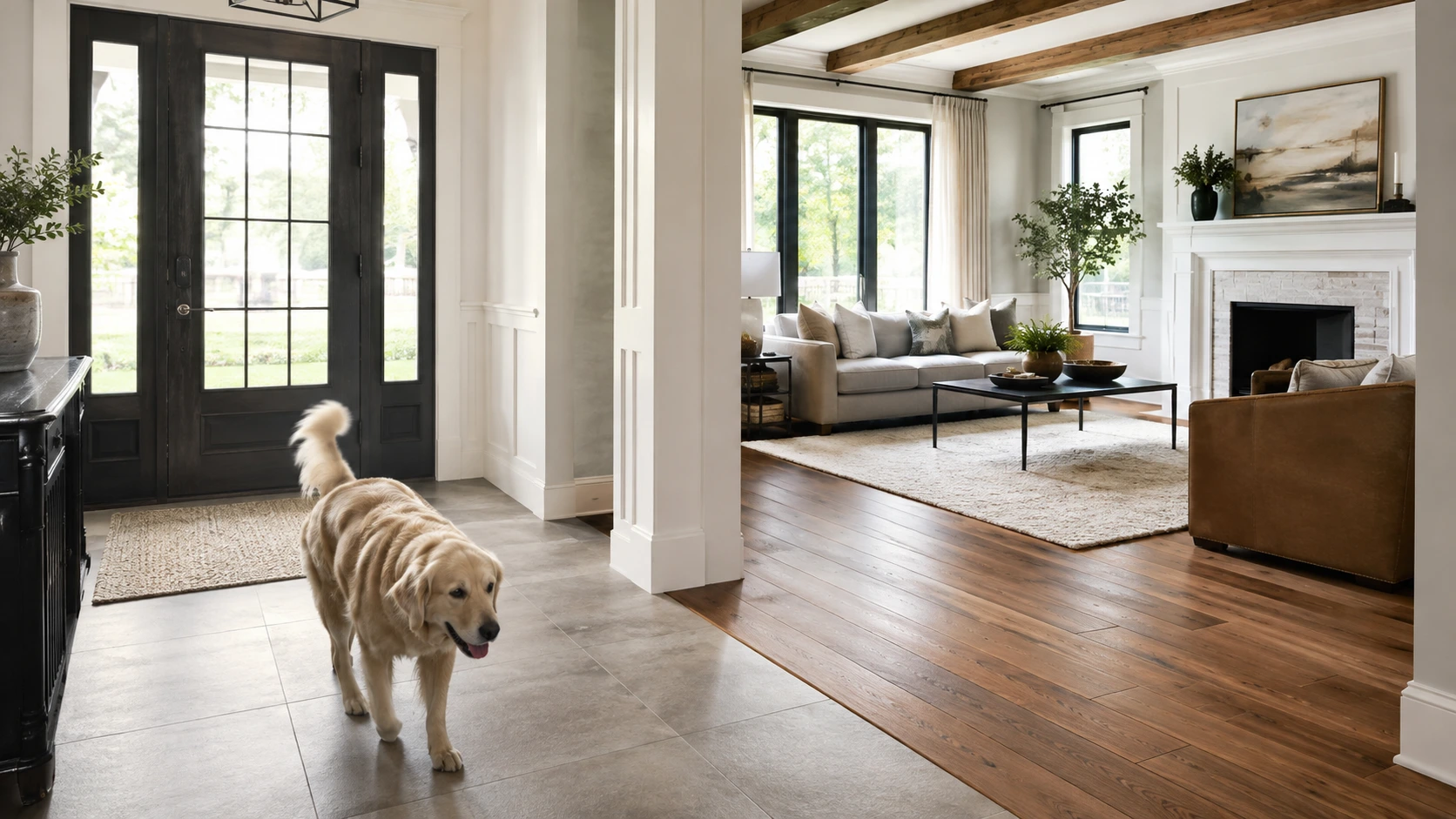 Family dog crossing a bright entry with durable flooring and natural hardwood visible in the adjoining living room