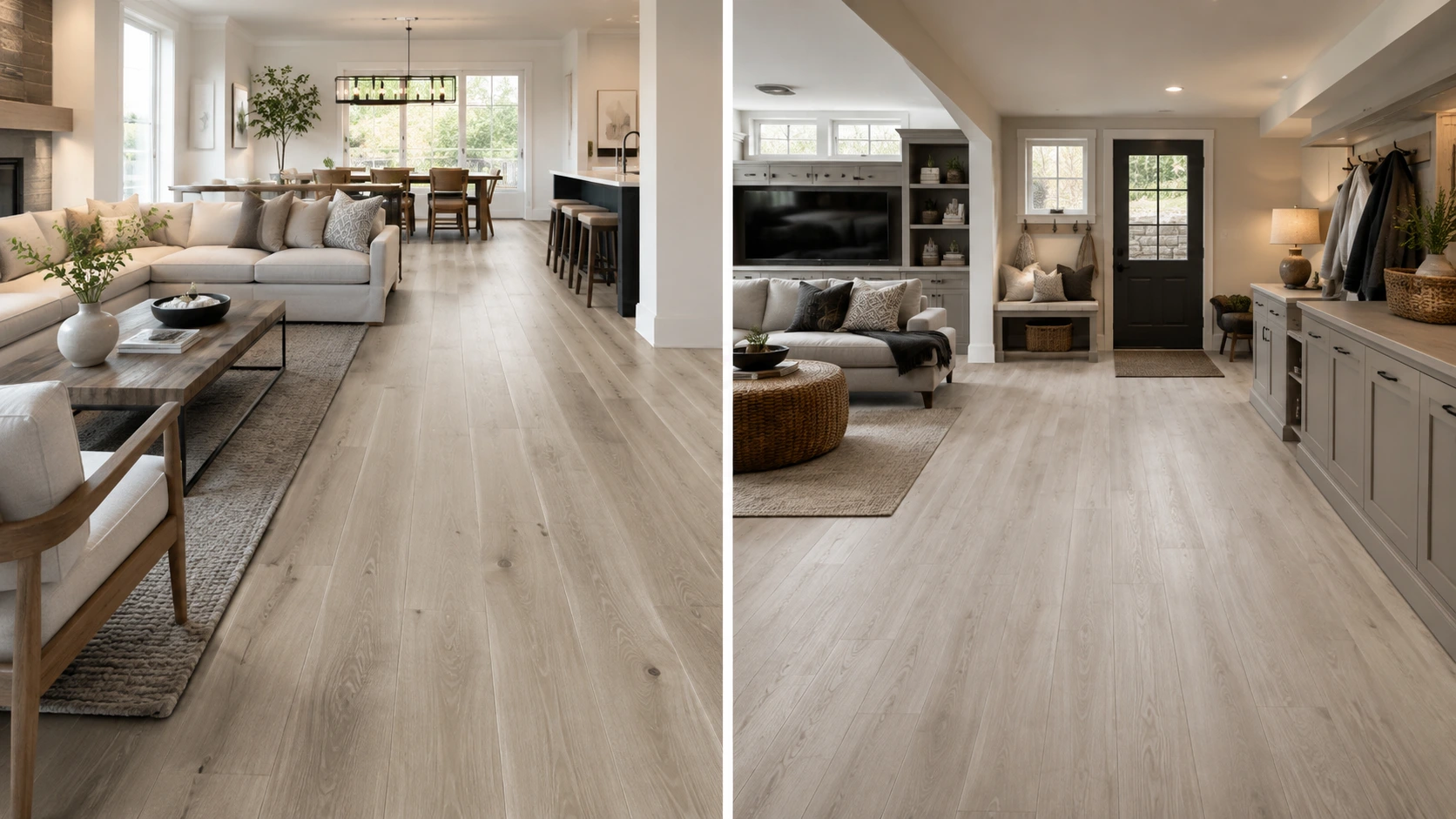 Natural hardwood main living level coordinated with luxury vinyl plank in a finished lower level