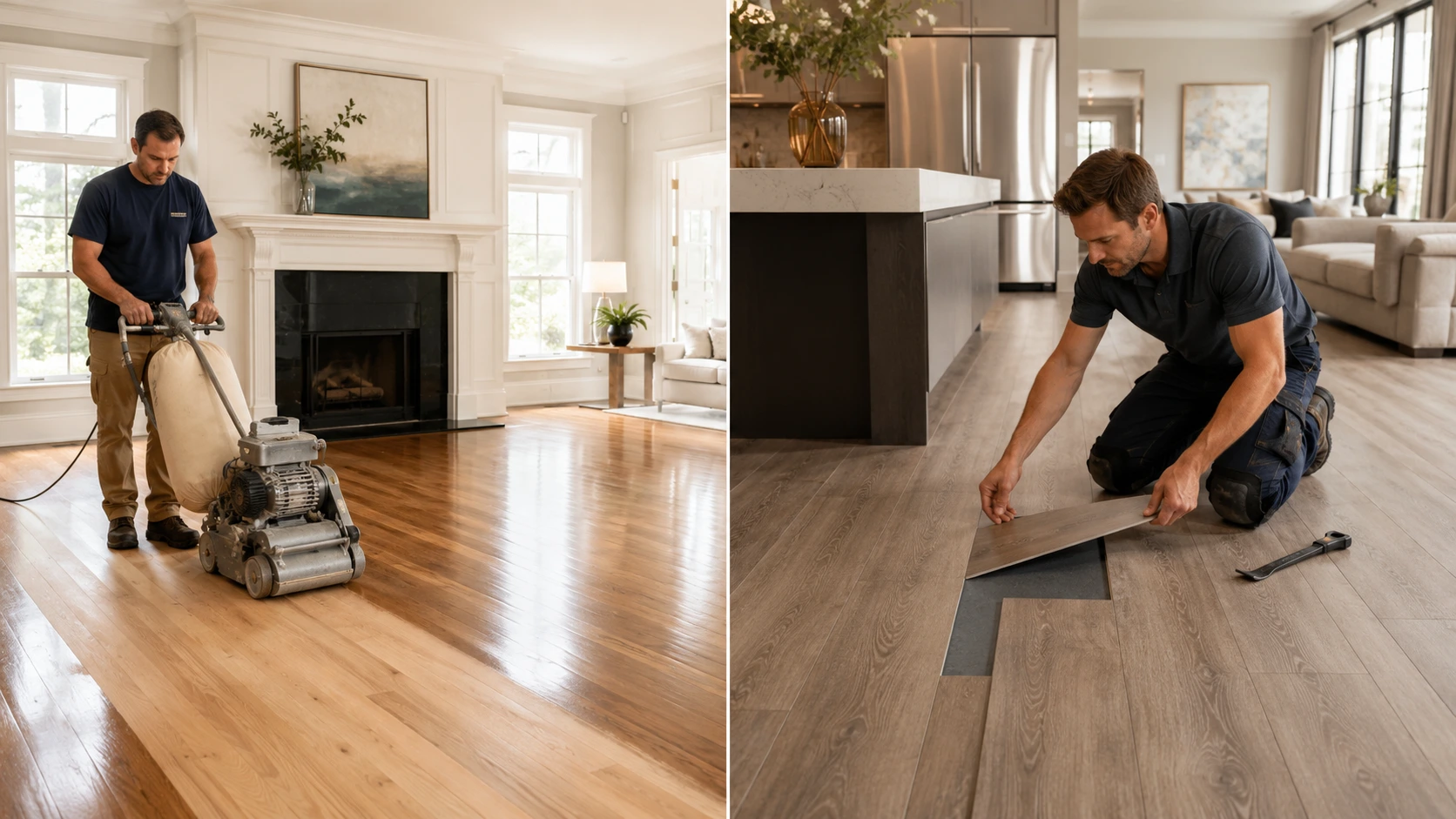 Professional hardwood floor refinishing beside careful luxury vinyl plank replacement