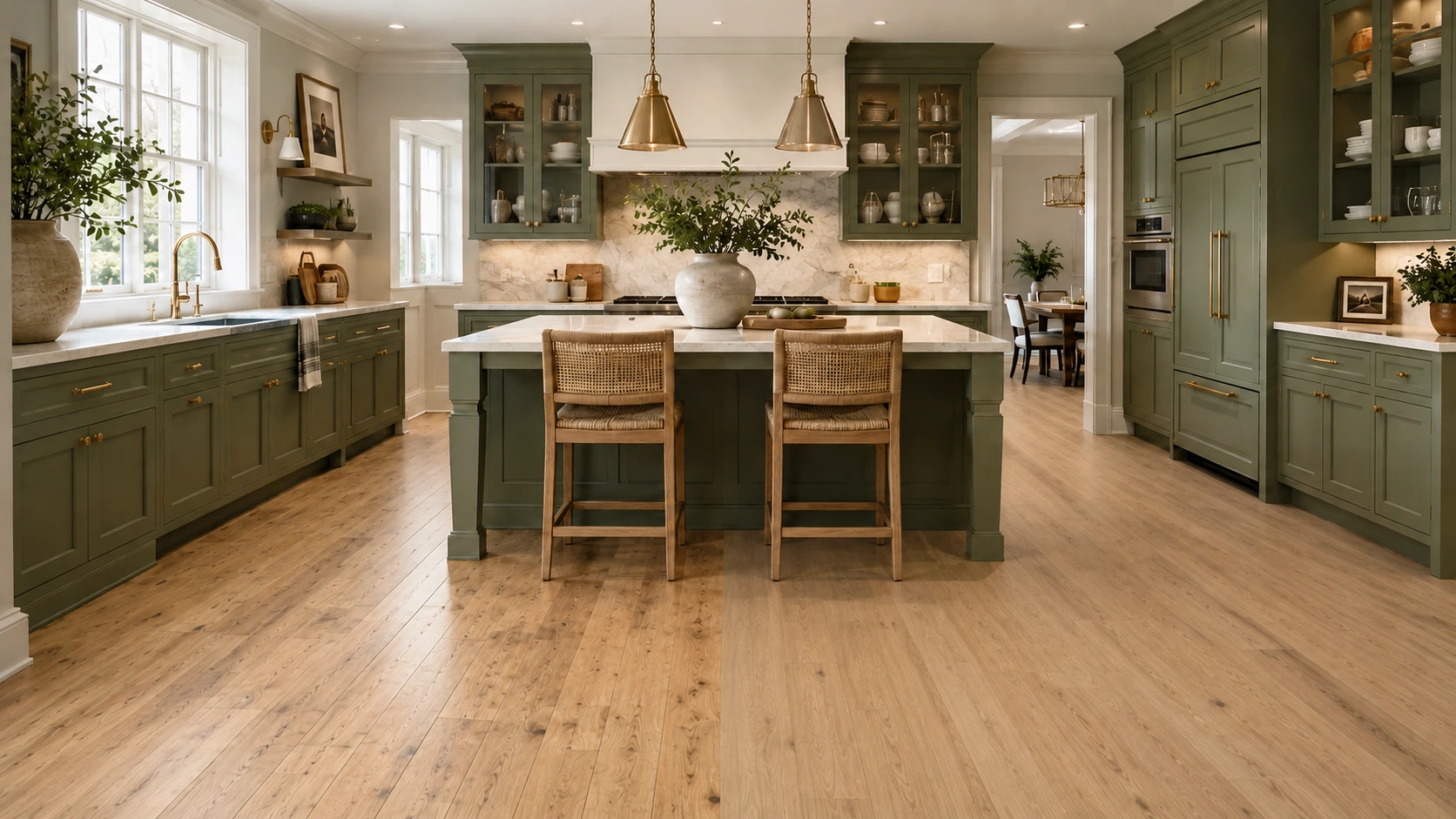 Same Maryland kitchen shown with natural hardwood and premium luxury vinyl plank flooring options