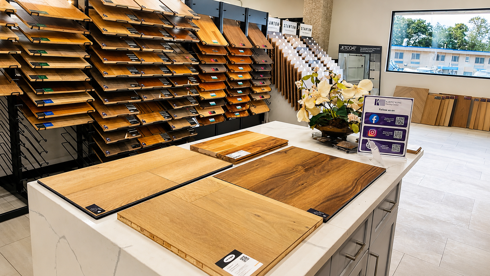 Hands comparing hardwood and luxury vinyl plank samples at Carpet Palace in Rockville