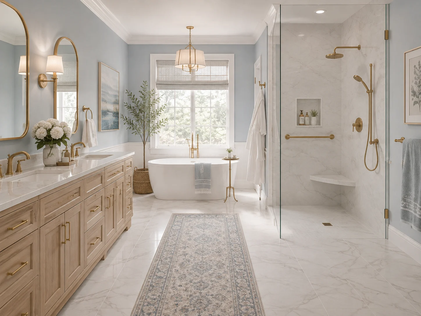Elegant curbless shower with integrated bench, handheld shower and discreet grab bar