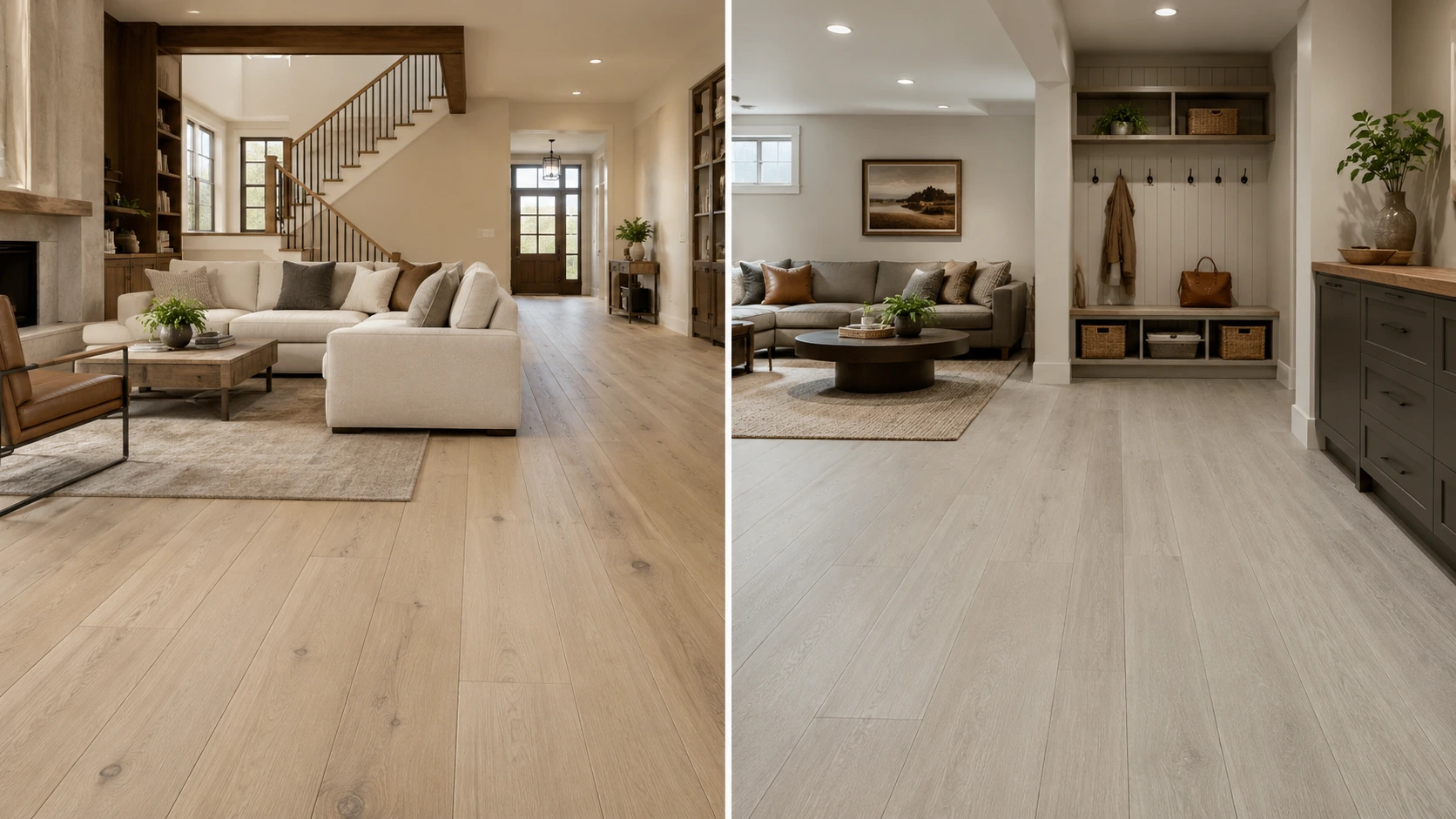 Dry hardwood living area and moisture-prone lower-level room finished with luxury vinyl plank