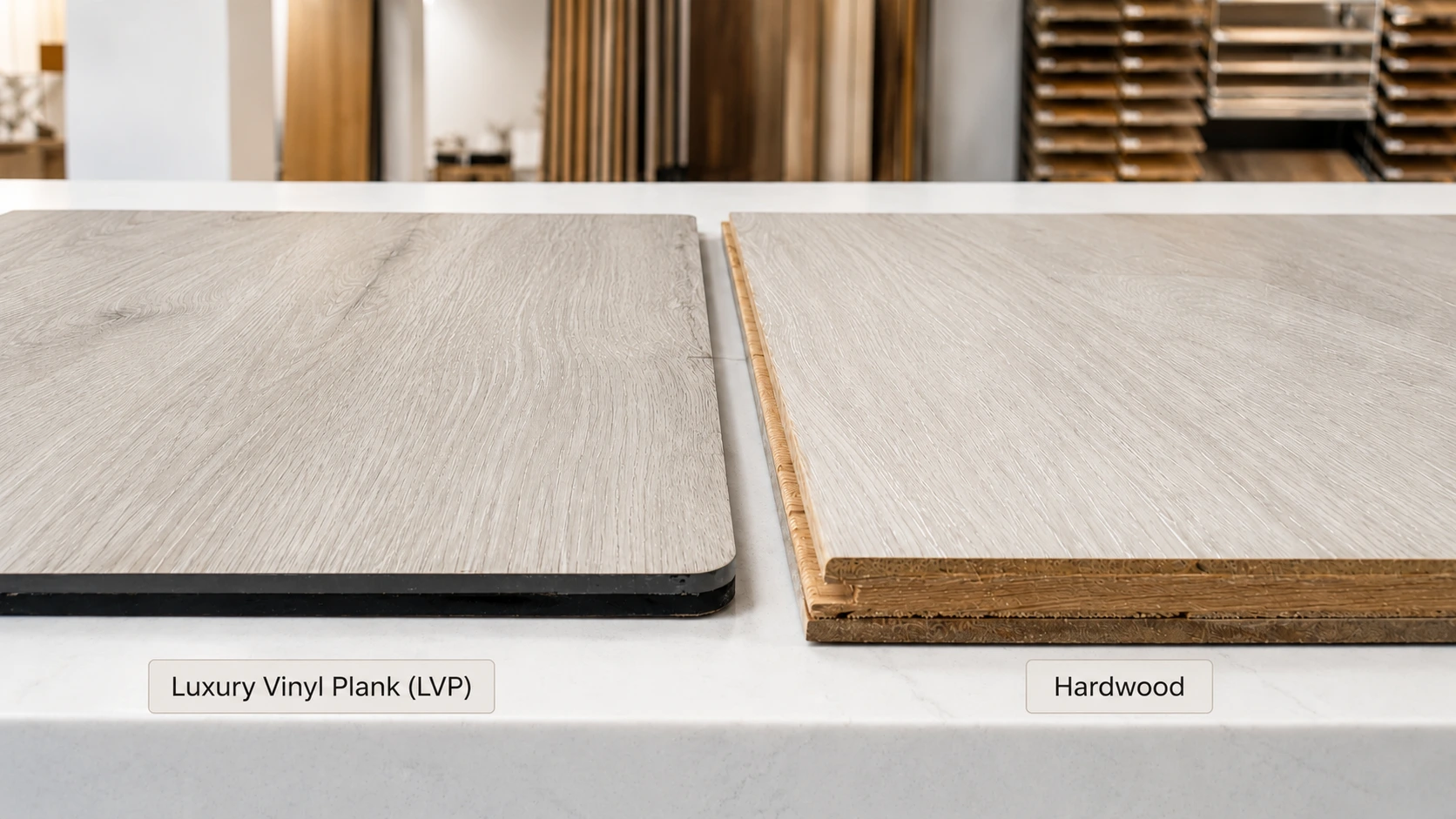 Real hardwood and luxury vinyl plank flooring samples compared side by side with edge profiles visible