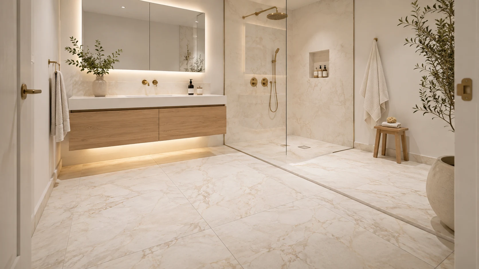 Walk-in shower with large-format wall tile, small-format floor, recessed niche and clear glass
