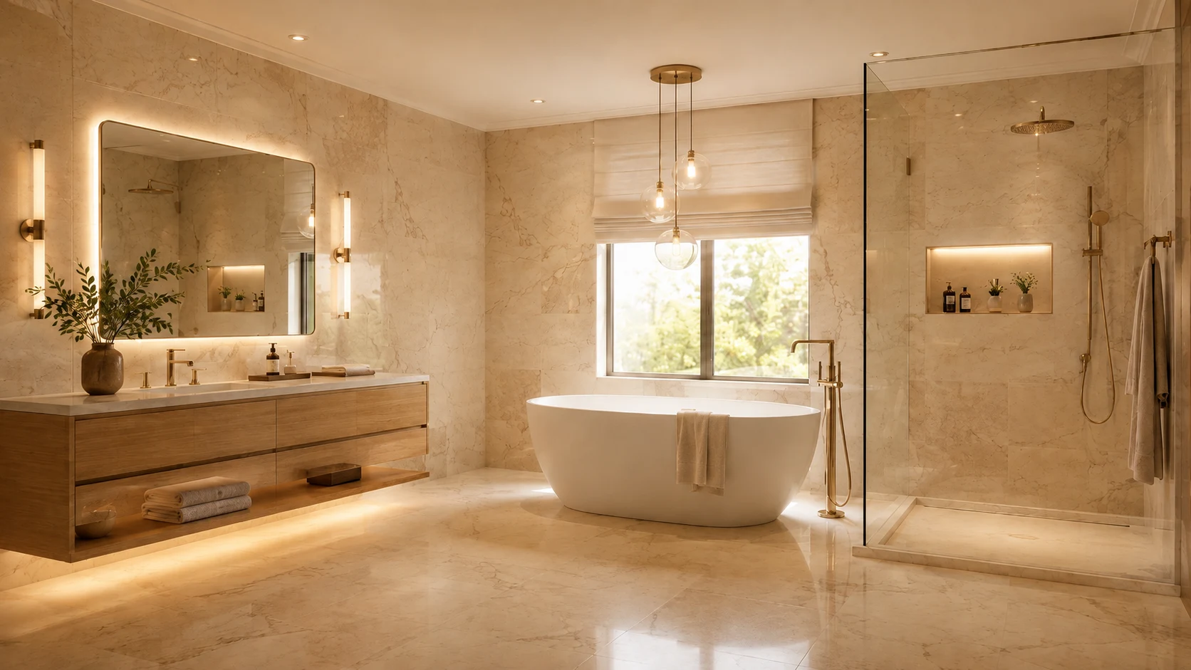 Bathroom with natural daylight, face-level vanity lighting and soft low-level accent lighting